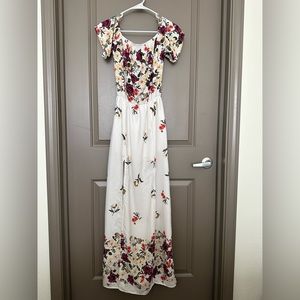 Women’s flowy off the shoulder white and floral dress with slits